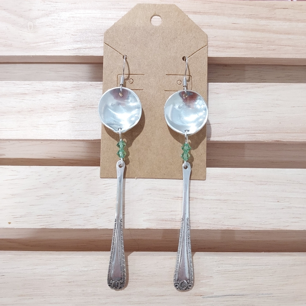 Vintage Silverware Silver Plated Earrings With Green Crystal Accents